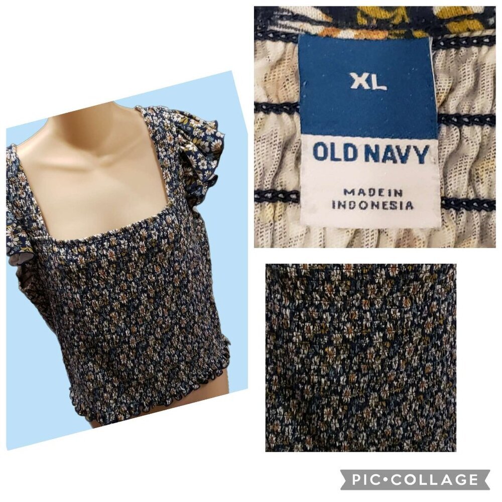 Old Navy Smocked Floral Navy Top Size XL Ruffled (Pls Check Meas. More Like M)